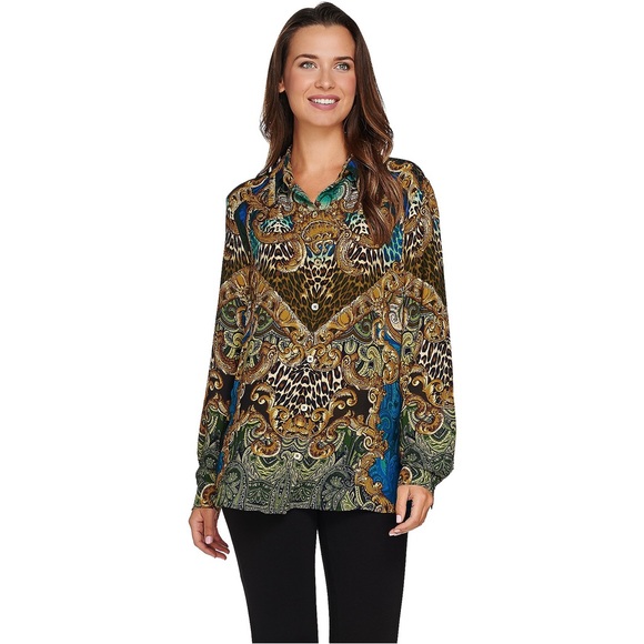 Susan Graver printed feather weave button front shirt blouse top size 18W - Picture 1 of 8